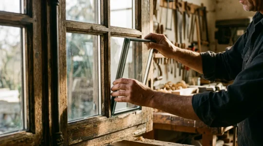 Menuiserie en bois ancienne avec double vitrage en cours d'installation