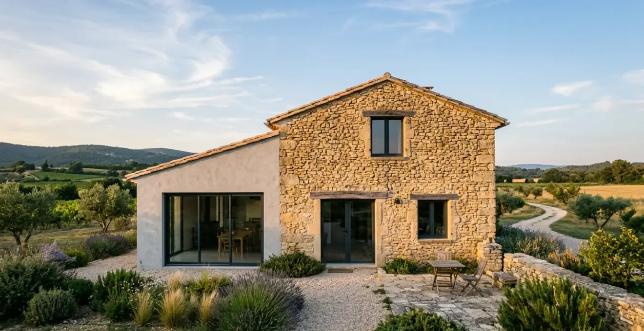 Façade d'une maison ancienne en pierre française rénovée avec isolation extérieure moderne et fenêtres performantes