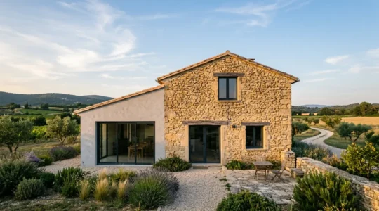 Façade d'une maison ancienne en pierre française rénovée avec isolation extérieure moderne et fenêtres performantes