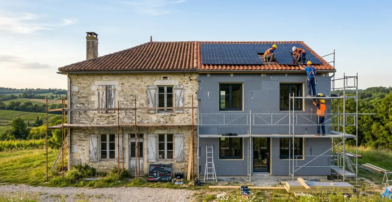Maison française en cours de transformation énergétique avec ouvriers installant isolation et panneaux solaires