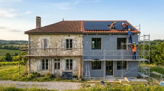 Maison française en cours de transformation énergétique avec ouvriers installant isolation et panneaux solaires