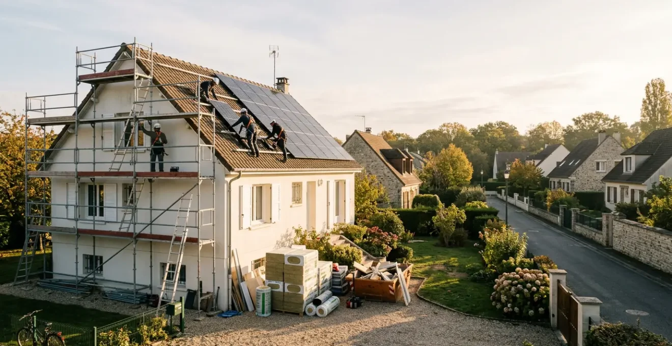 Vue d'ensemble d'une maison française en cours de rénovation énergétique avec échafaudages et matériaux isolants