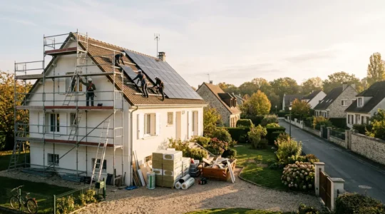Vue d'ensemble d'une maison française en cours de rénovation énergétique avec échafaudages et matériaux isolants