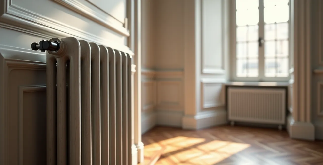 Gros plan sur un robinet thermostatique moderne installé sur un radiateur en fonte dans un intérieur français