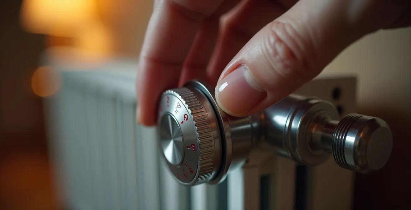 Main ajustant un robinet thermostatique moderne sur un radiateur en fonte dans un intérieur français