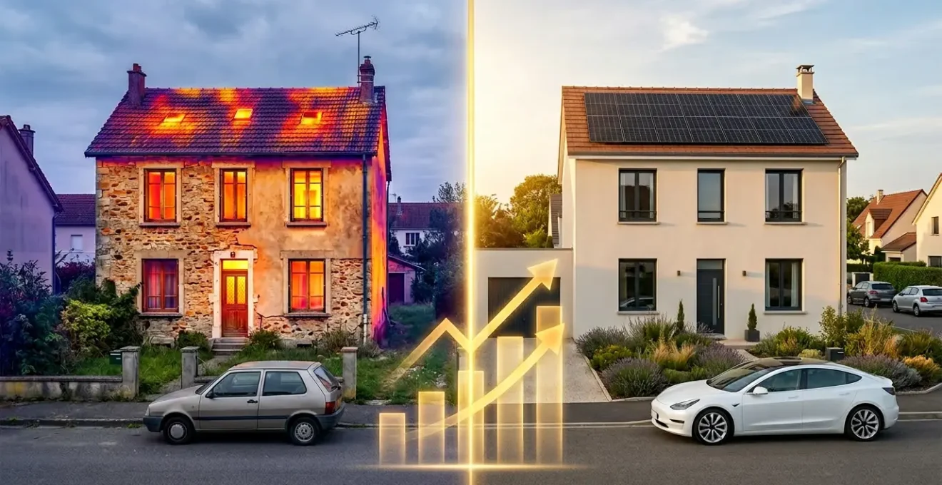 Vue comparative avant-après d'une maison rénovée énergétiquement avec gain de valeur