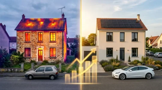 Vue comparative avant-après d'une maison rénovée énergétiquement avec gain de valeur