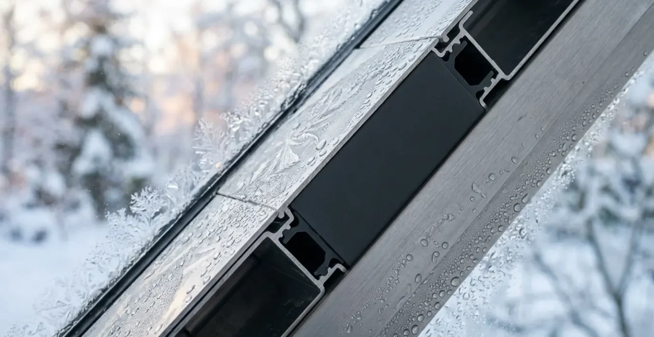 Gros plan sur une menuiserie aluminium avec rupture de pont thermique visible et absence de condensation sur le profil