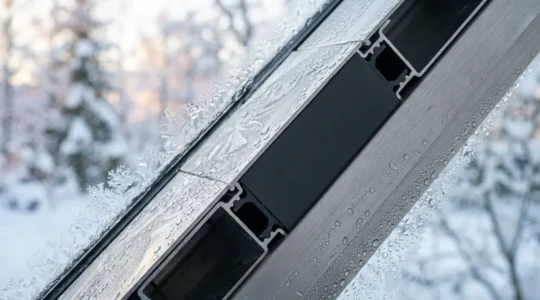 Gros plan sur une menuiserie aluminium avec rupture de pont thermique visible et absence de condensation sur le profil