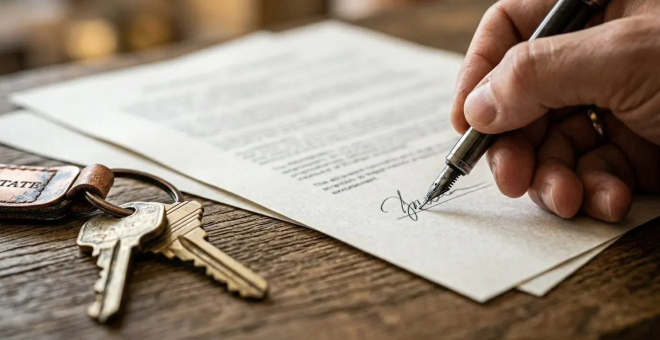 Gros plan sur des mains signant un acte de vente immobilière avec clés de maison