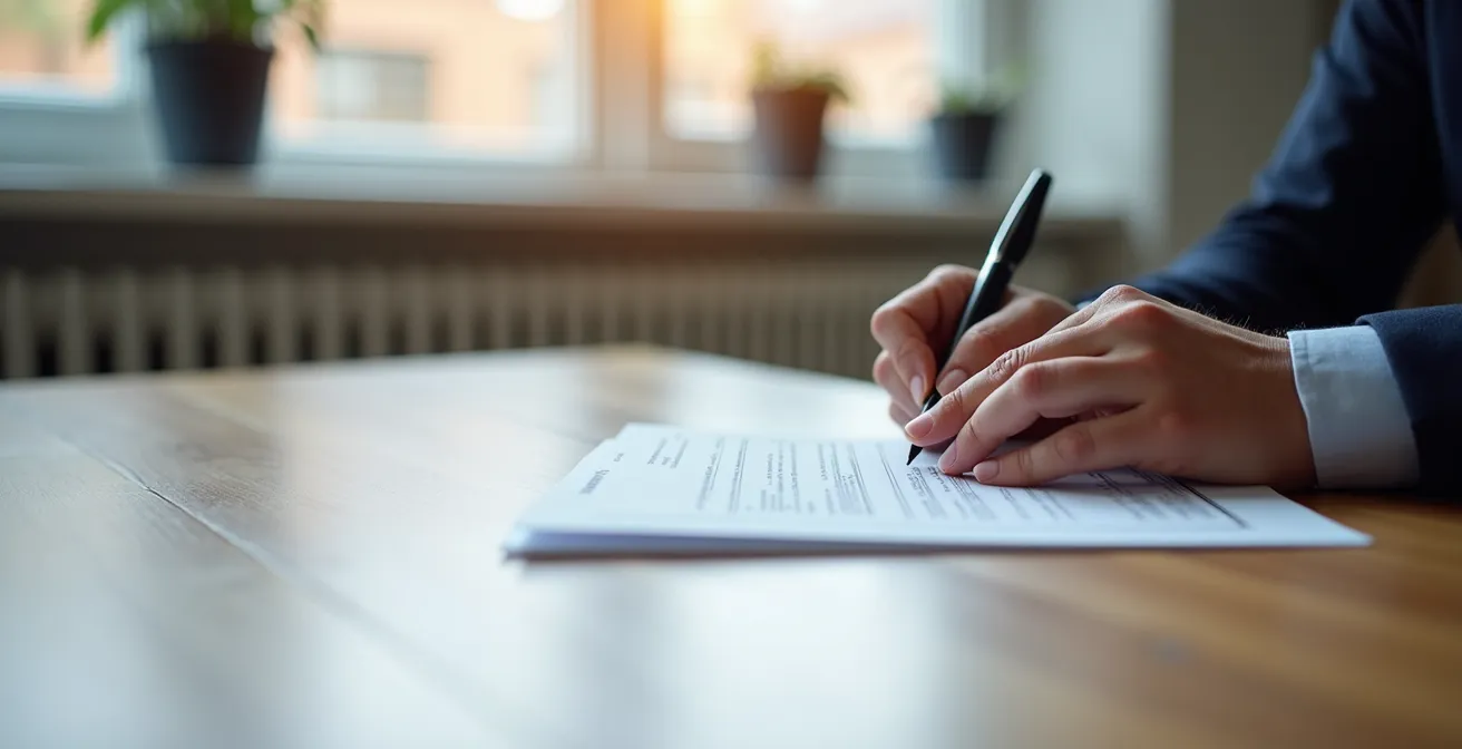 Mains signant un devis de réparation chauffage sur une table