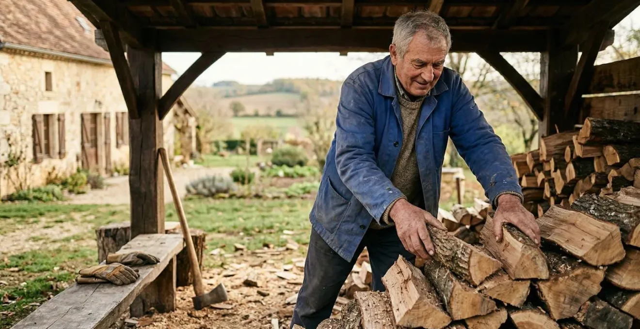 Abri de stockage de bois de chauffage dans une propriété rurale française