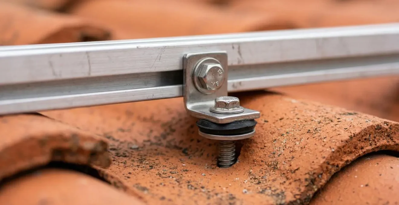Vue macro détaillée d'un système de fixation de rails pour panneaux solaires sur tuiles françaises