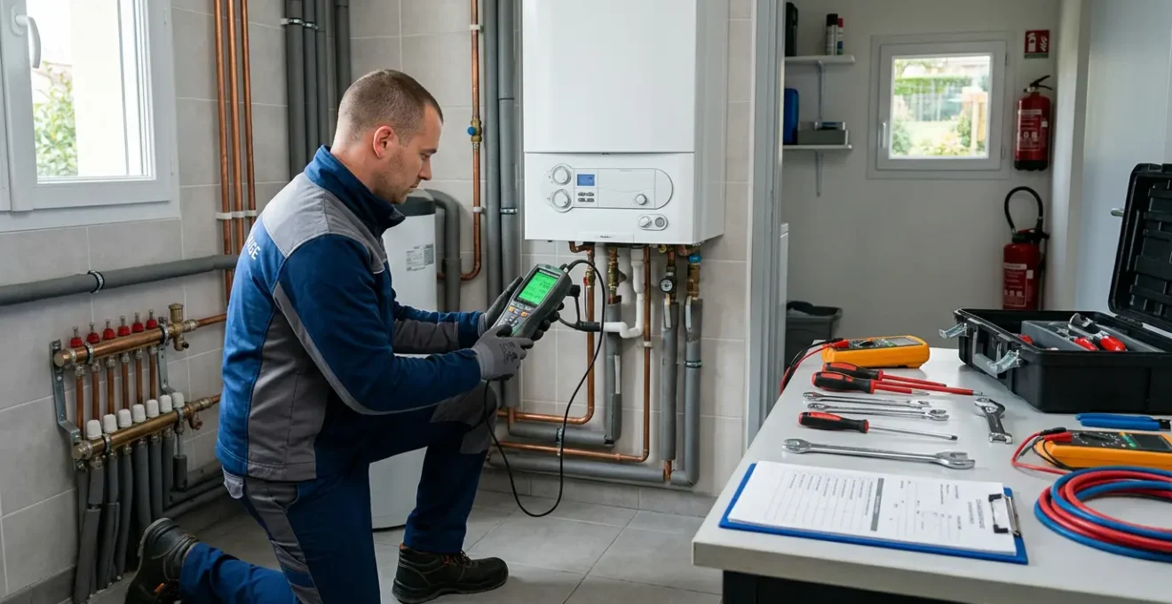 Technicien en combinaison de travail effectuant l'entretien d'une chaudière gaz avec un analyseur de combustion