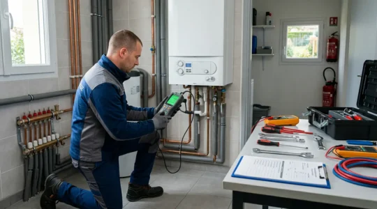 Technicien en combinaison de travail effectuant l'entretien d'une chaudière gaz avec un analyseur de combustion