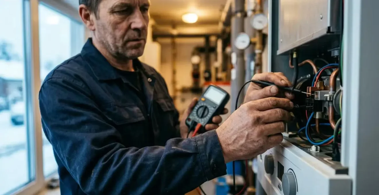 Technicien chauffagiste intervenant sur une chaudière en panne dans un contexte d'urgence hivernale