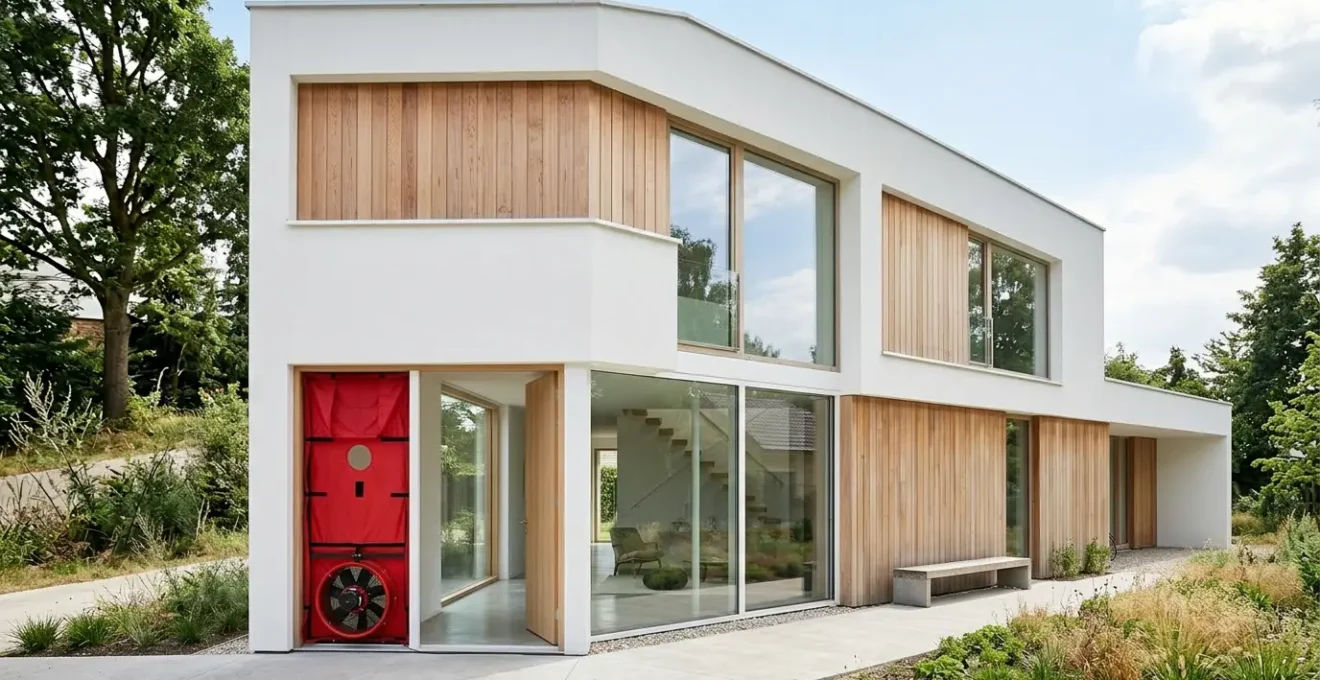 Test d'étanchéité à l'air en cours dans une maison avec équipement Blower Door installé