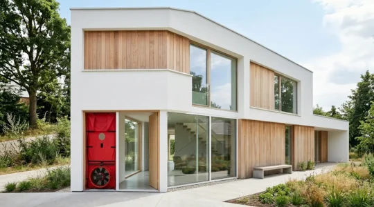 Test d'étanchéité à l'air en cours dans une maison avec équipement Blower Door installé