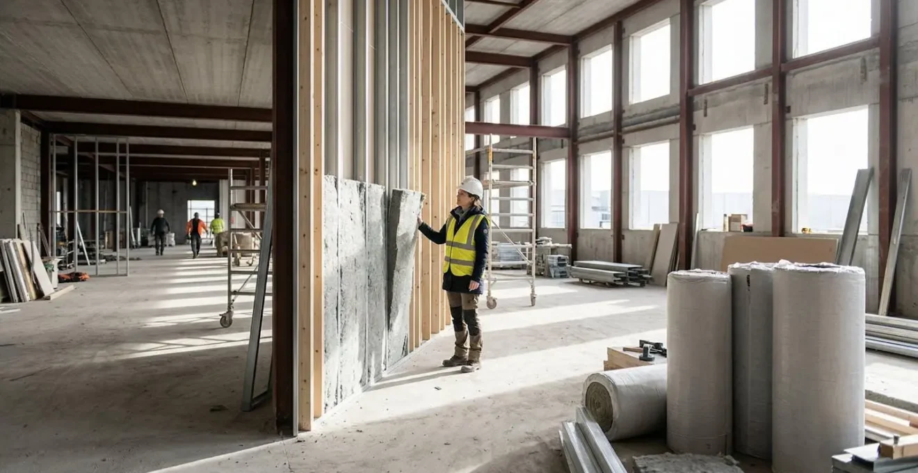 Ingénieur thermicien sur un chantier de rénovation avec casque et documents techniques