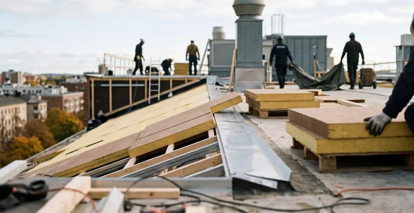 Vue partielle d'une toiture de gymnase en cours d'isolation avec des matériaux isolants visibles et des silhouettes d'ouvriers en arrière-plan
