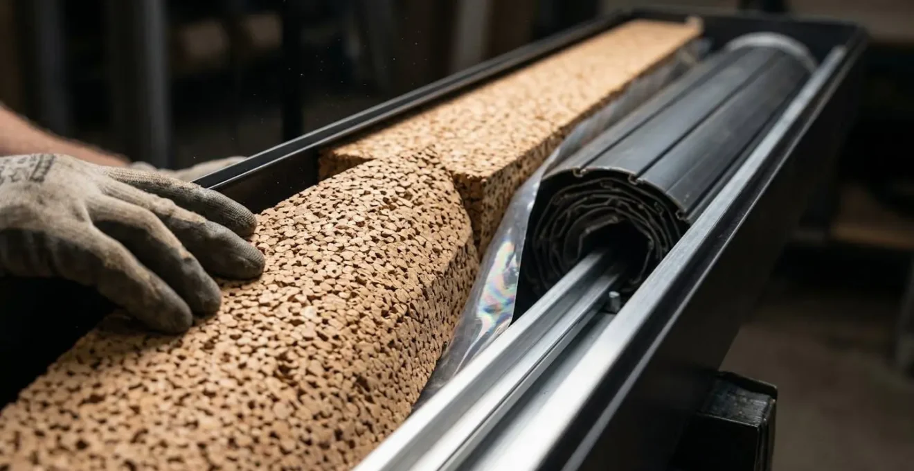 Vue en coupe d'un coffre de volet roulant montrant l'installation d'un isolant flexible avec pare-vapeur