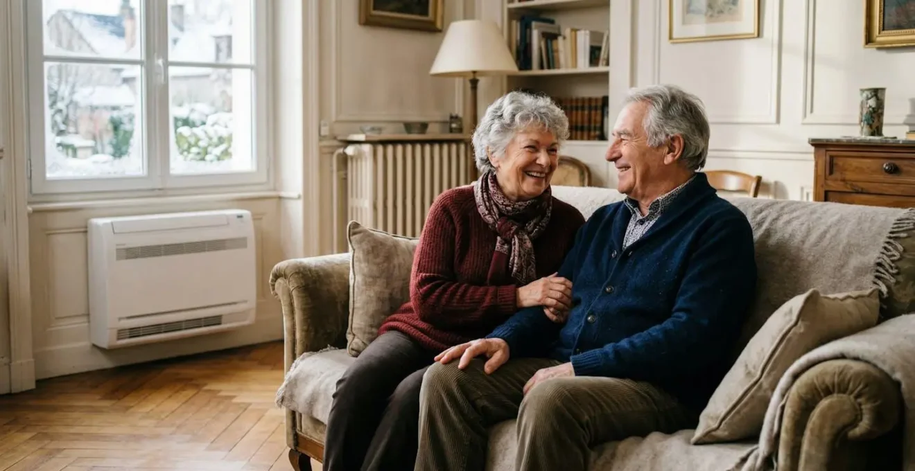 Console basse de pompe à chaleur installée dans un salon français avec décoration traditionnelle