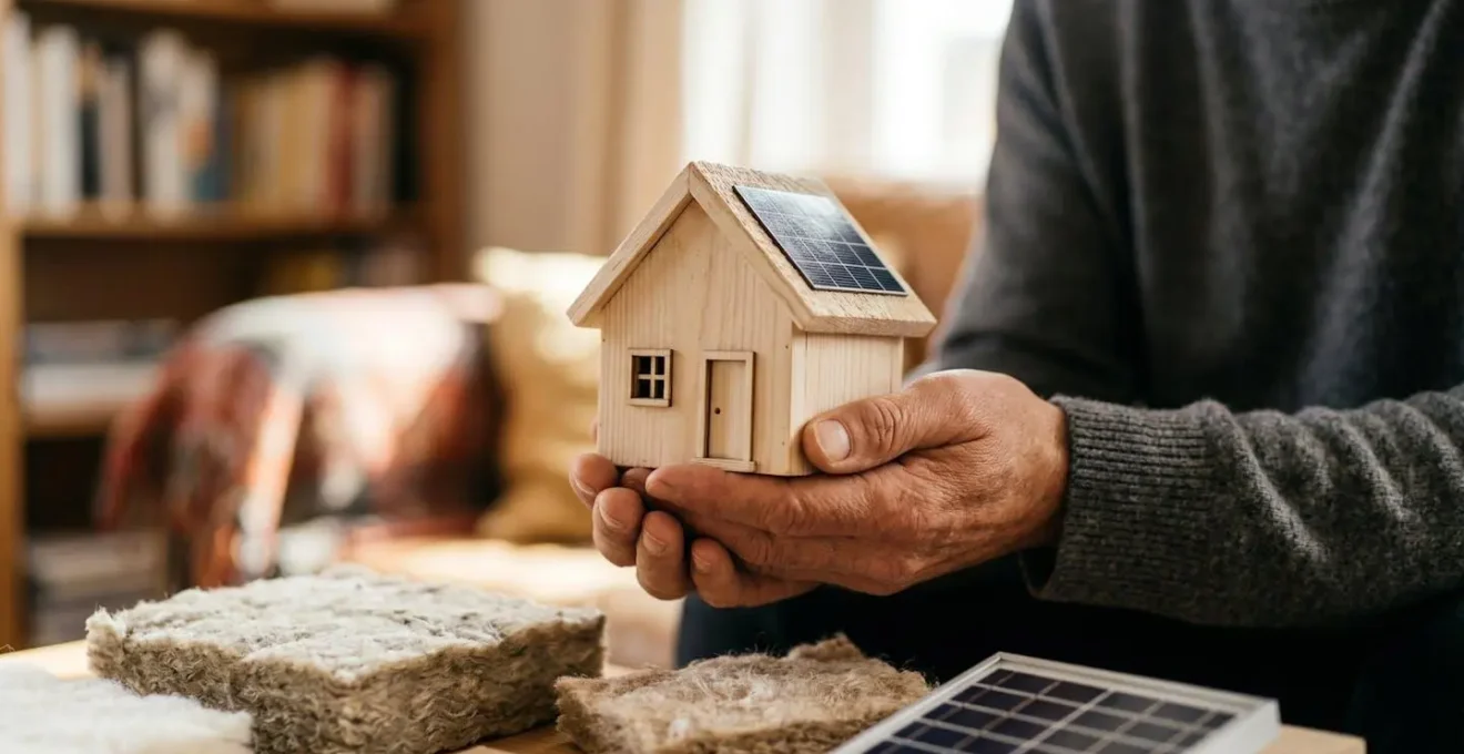 Mains d'une personne tenant une maquette de maison en bois, symbolisant l'investissement personnel dans la rénovation énergétique.