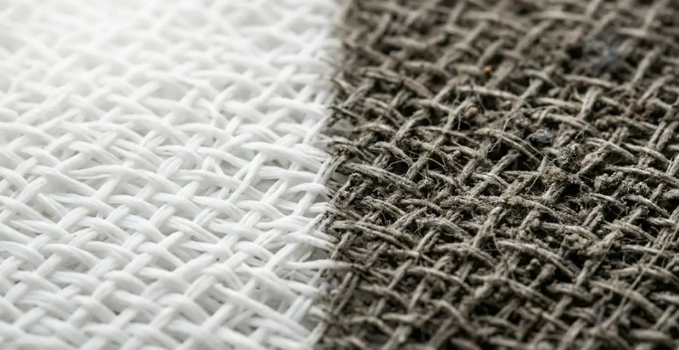 Vue macro d'un filtre de pompe à chaleur montrant l'accumulation de poussière et particules