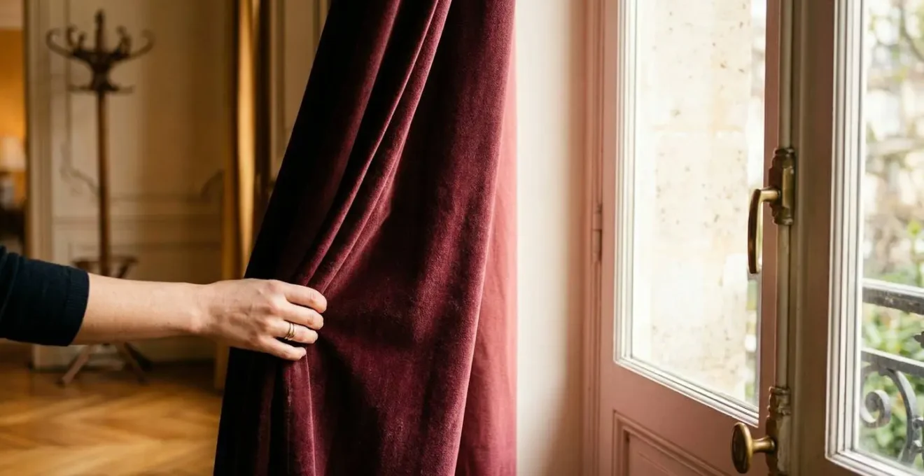 Rideau thermique lourd installé devant une porte d'entrée avec système de caisson pour créer un sas d'air