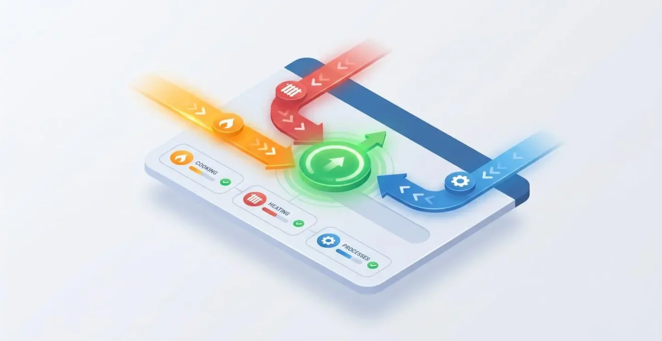 Tableau de bord illustrant les flux énergétiques convergents vers une performance optimale